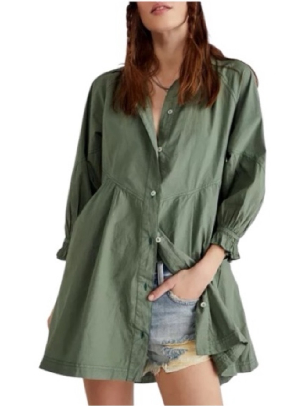 Free People Hannah Cotton Balloon Sleeve Mini Shirtdress – Army Green – Size S